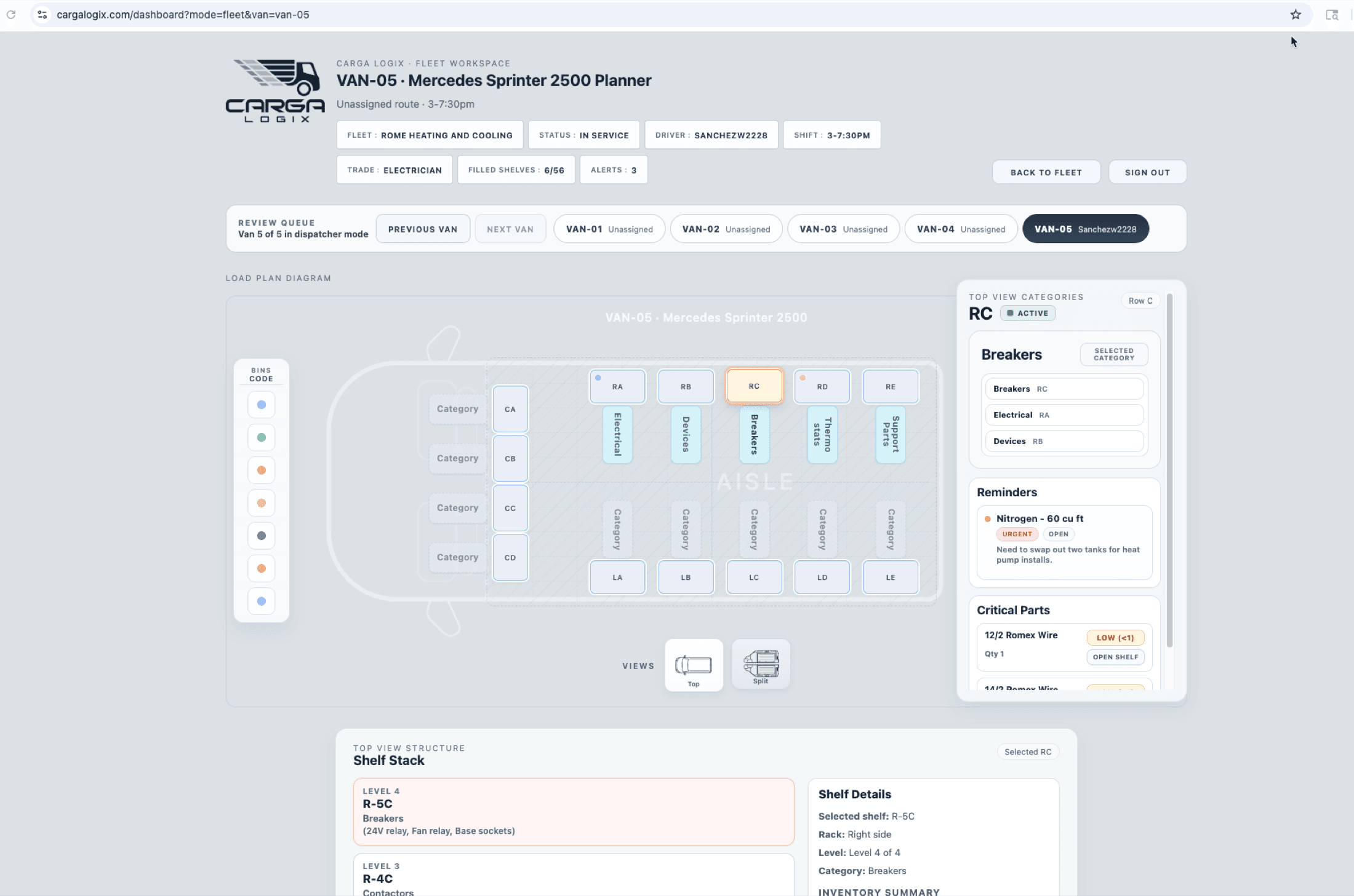 Carga Logix dispatcher detail view showing a technician cargo van planner