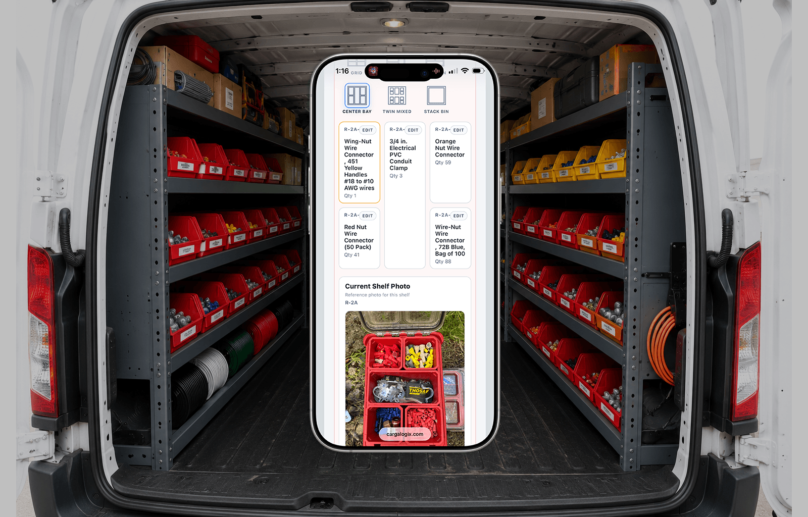 Carga Logix electrical service van inventory with the mobile app showing organized shelf containers