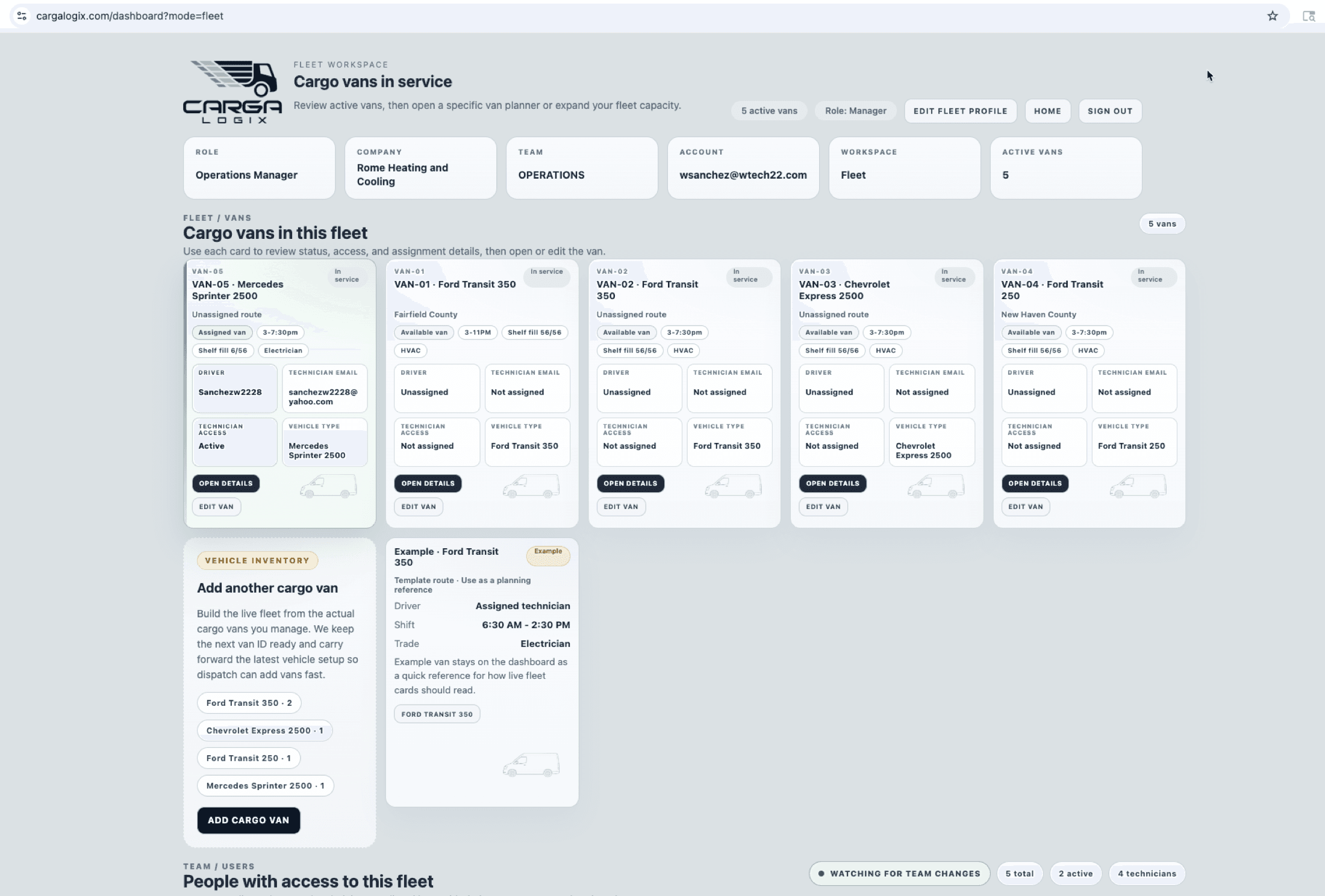 Carga Logix Fleet Workspace dashboard for cargo van inventory teams