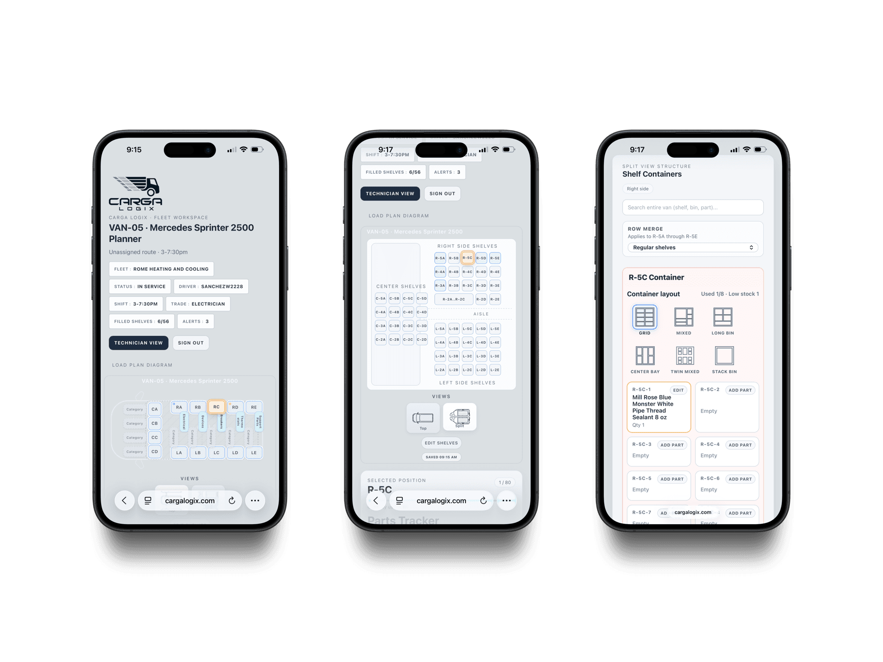 Three Carga Logix mobile screens showing van setup, load plan diagram, and shelf container editing.