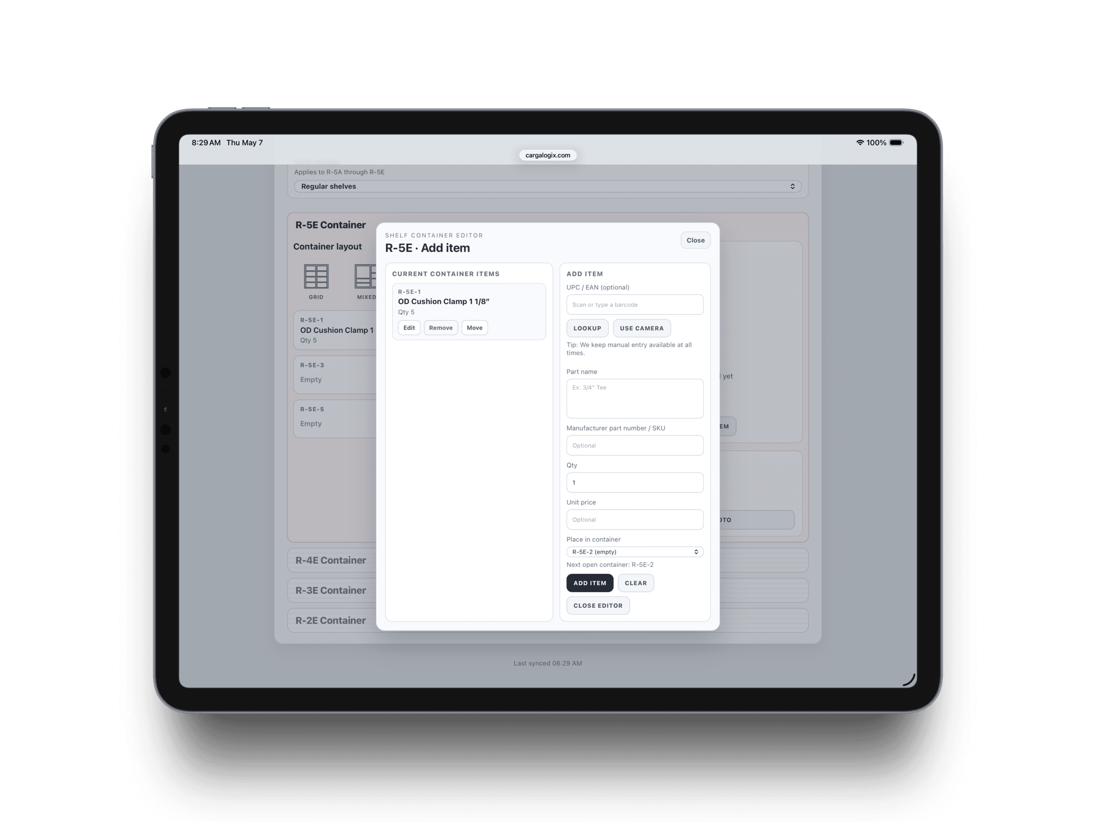 Carga Logix iPad mockup showing the add item workflow for cargo van shelf containers