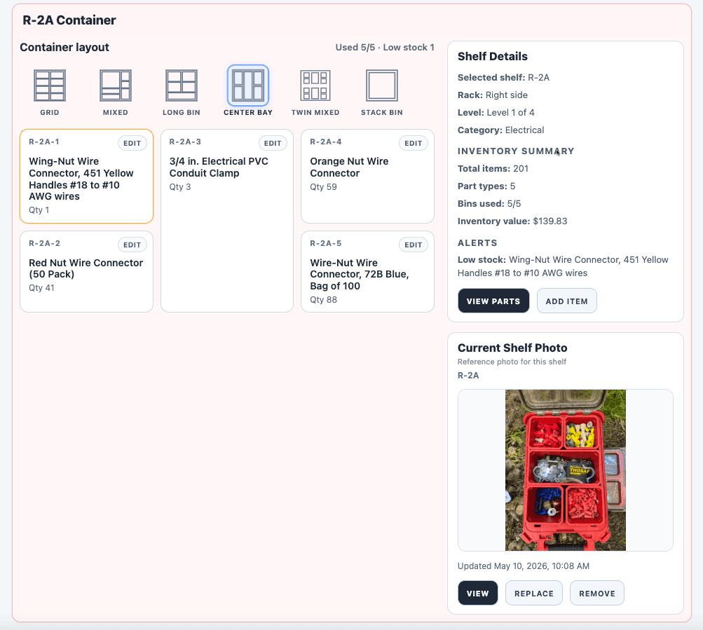 Carga Logix electrical van inventory container layout showing shelf details and current shelf photo
